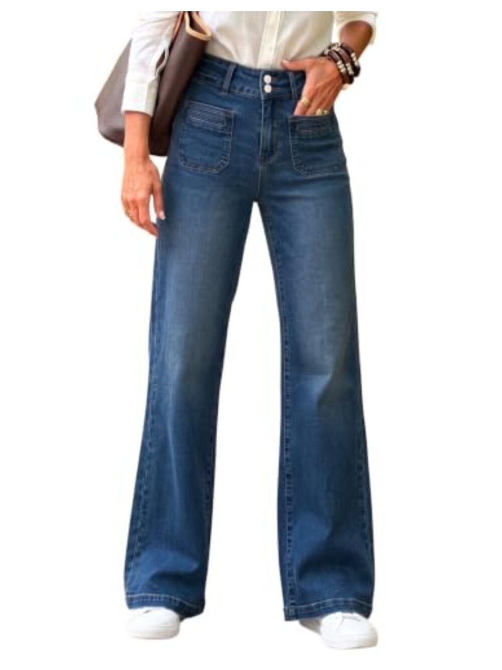 SIDEFEEL Women's High Waist Stretchy Flared Wide Leg Jeans with Pockets